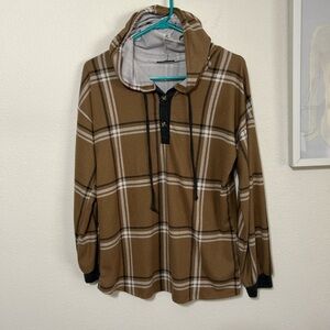 HEIMISH U.S.A. Plaid Hooded Henley Top with Drawstring (Size S)